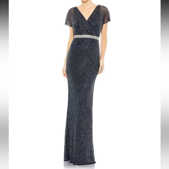 Mac Duggal Dresses & Skirts - Mac Duggal Beaded Wrap V-Neck Full Length Dress 93787 Black Silver Sz 12*